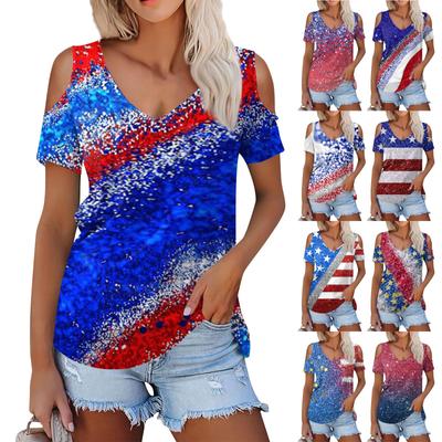 Women's Summer Fashion Casual Independence Day Printed Strapless V-Neck Short Sleeve T-Shirt Top
