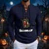 Men's Halloween print retro Henry collar lace-up long-sleeved T-shirt