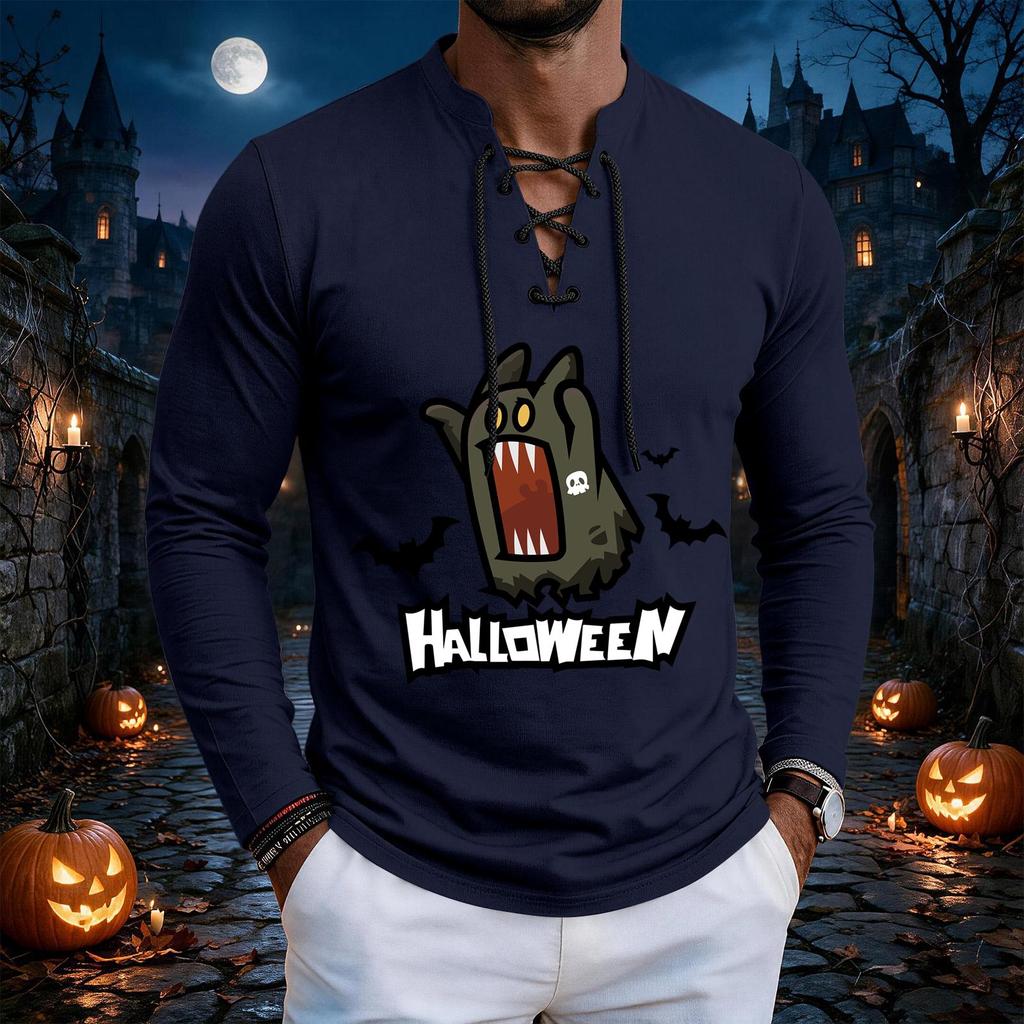 Men's Halloween print retro Henry collar lace-up long-sleeved T-shirt