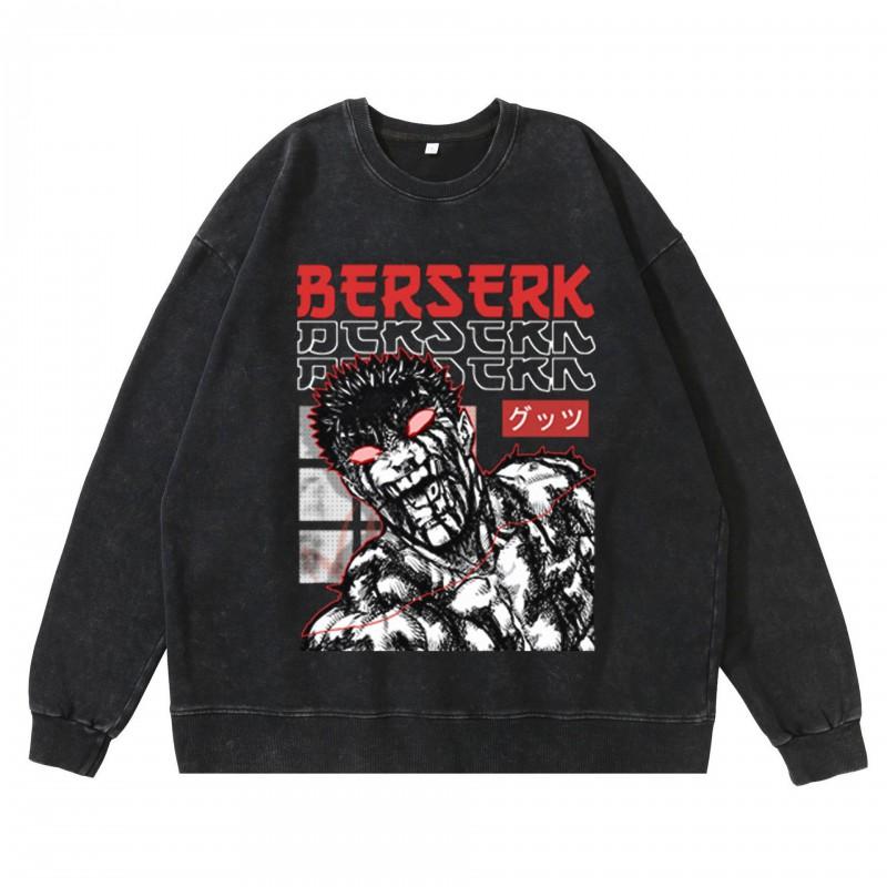 Schwergewicht 360g Gewaschener Vintage Berserk Anime Streetwear Baumwolle Pullover Hoodie Herren