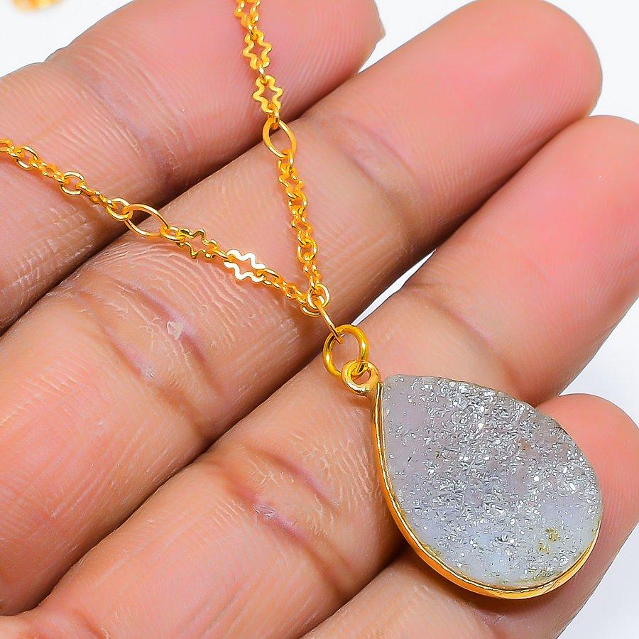 White Titanium Druzy Gemstone 925 Sterling Silver Jewelry Necklace 20" GK-5019