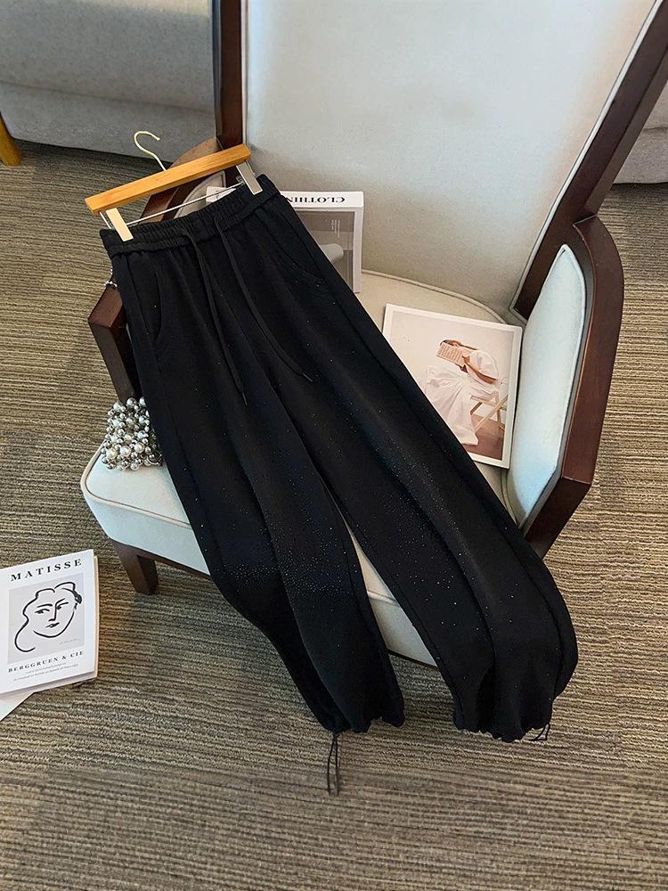 Spring Rhinestone Cuffed Loose Fit Plus Size Straight Leg Pants (300 Jin)