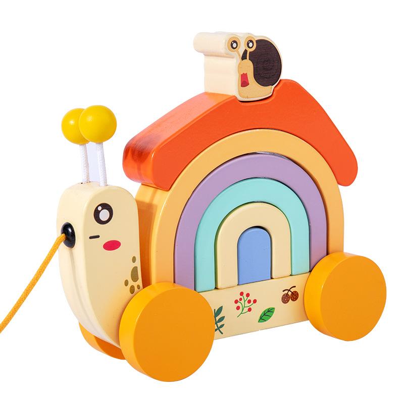 Wooden Drag Snail Rainbow Building Block Car Baby Puzzle Stacking Toddler Parent-Child Interaction Early Education Toy