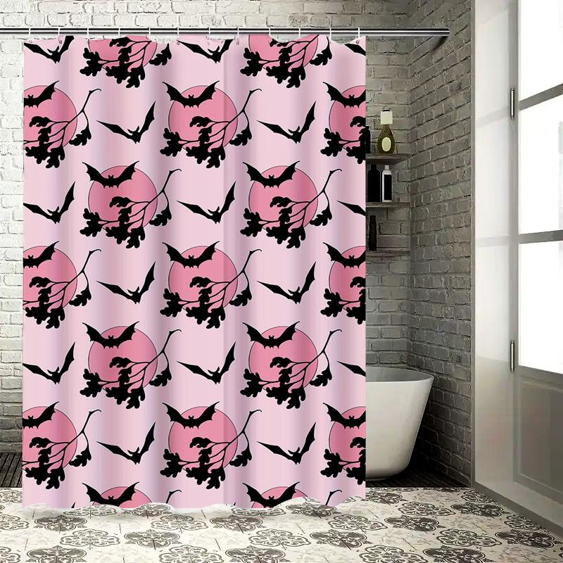 Pink Moon Bat Print Shower Curtain Halloween Decor, Unique Design Waterproof Fabric Bathroom Decorations for Home Decoration