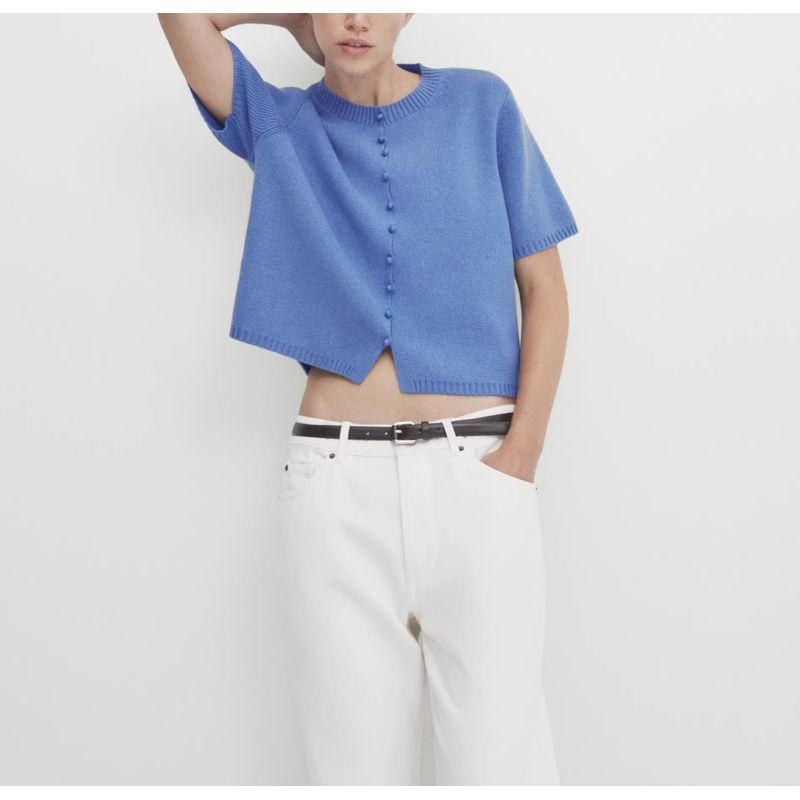 MD Early Autumn New Arrival Gentle Lady Simple Cotton Blended Button Short Blue Knitting Cardigan 5704582