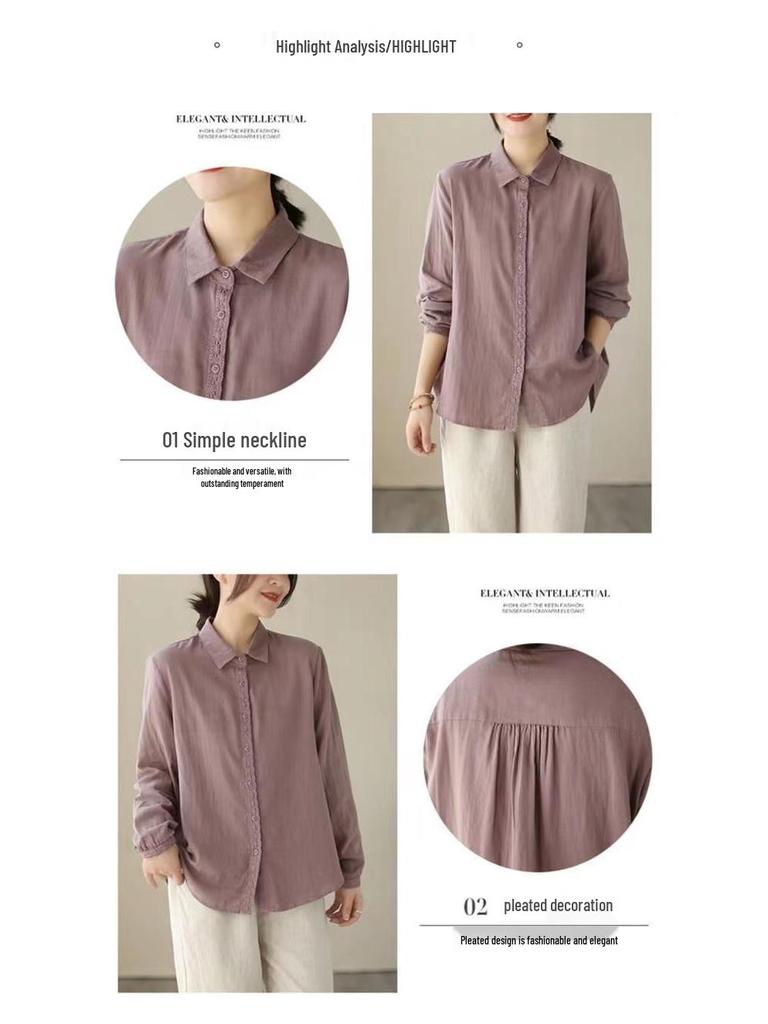 Women's Retro Cotton Linen Long Sleeve Shirt with Lace Detail