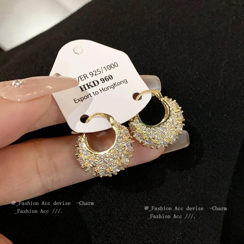 Real gold electroplated zircon geometric ear buckles ins niche design earrings fashion light luxury high-end earrings