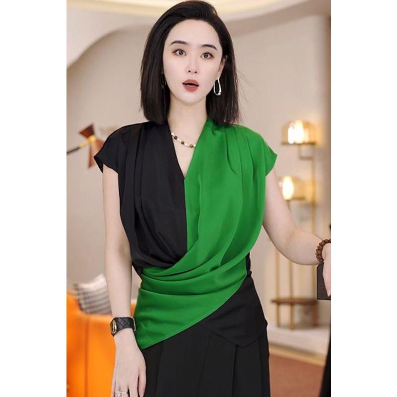 Light Luxury Style Design Color Block V-neck Shirt for Women Summer Thin Elegant Unique Unique Beautiful Top Trend