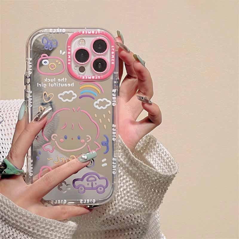 Cute Graffiti Girl Phone Case IPhone 17 16 Pro Max 14 13 Soft Silicone Cover Anti-Slip Shockproof Mirror Finish