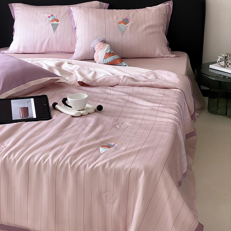 100 Lyocell Sommerdecke Set mit Kissenbezug Gestreift Pflanzenfaser Kühl Leicht Decke Steppdecke