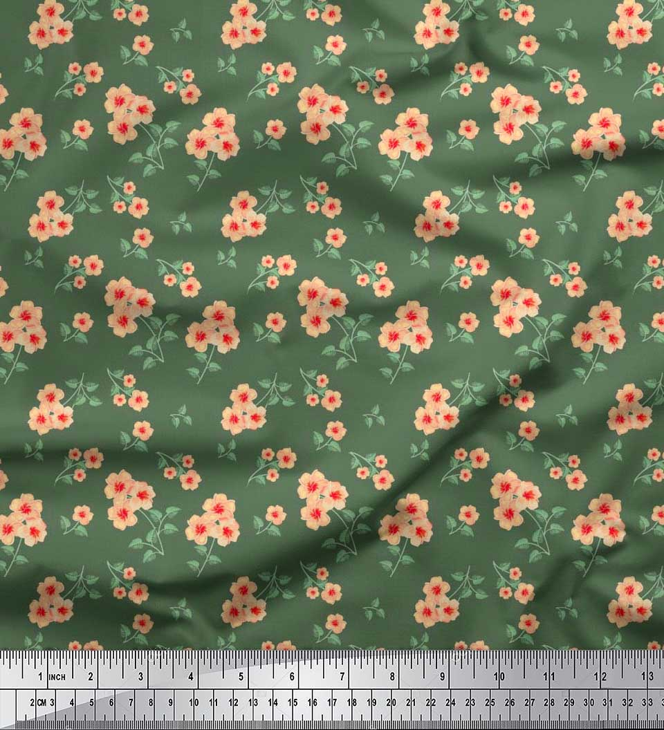 

Тканина Soimoi Japan Crepe Satin Leaves & Plumeria Floral Print Швейна тканина метр 42 дюйма 42 Inch Wide - Poly Crepe зелений