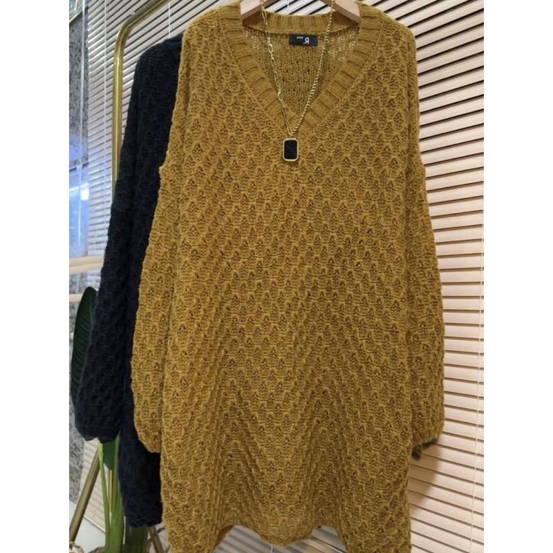 New Autumn and Winter Solid Color V-neck Knitted Mid-length Loose Slimming Casual Bottoming Sweater for Women