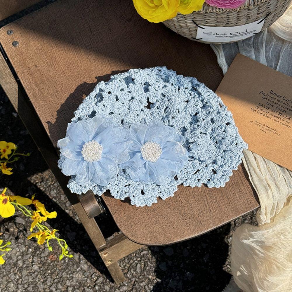 Pearl Hollowed Out Knitted Hat Elegant Bohemian Style Beanies Sweet Crochet Flower Hat  Girls