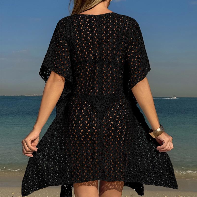 European & American Women's Sexy Hollow Deep V-Neck Knit Waist-Cinching Beach Cover-Up Dress