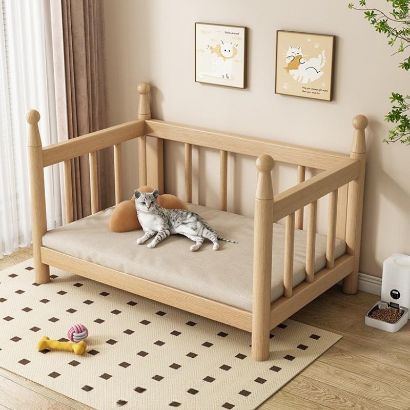 Wooden Dog Bed Modern Durable Dog Bed Headboard All Season Safety Dogs Beds Removable Mattress Dampproof Teddy Stylish Cat Nest