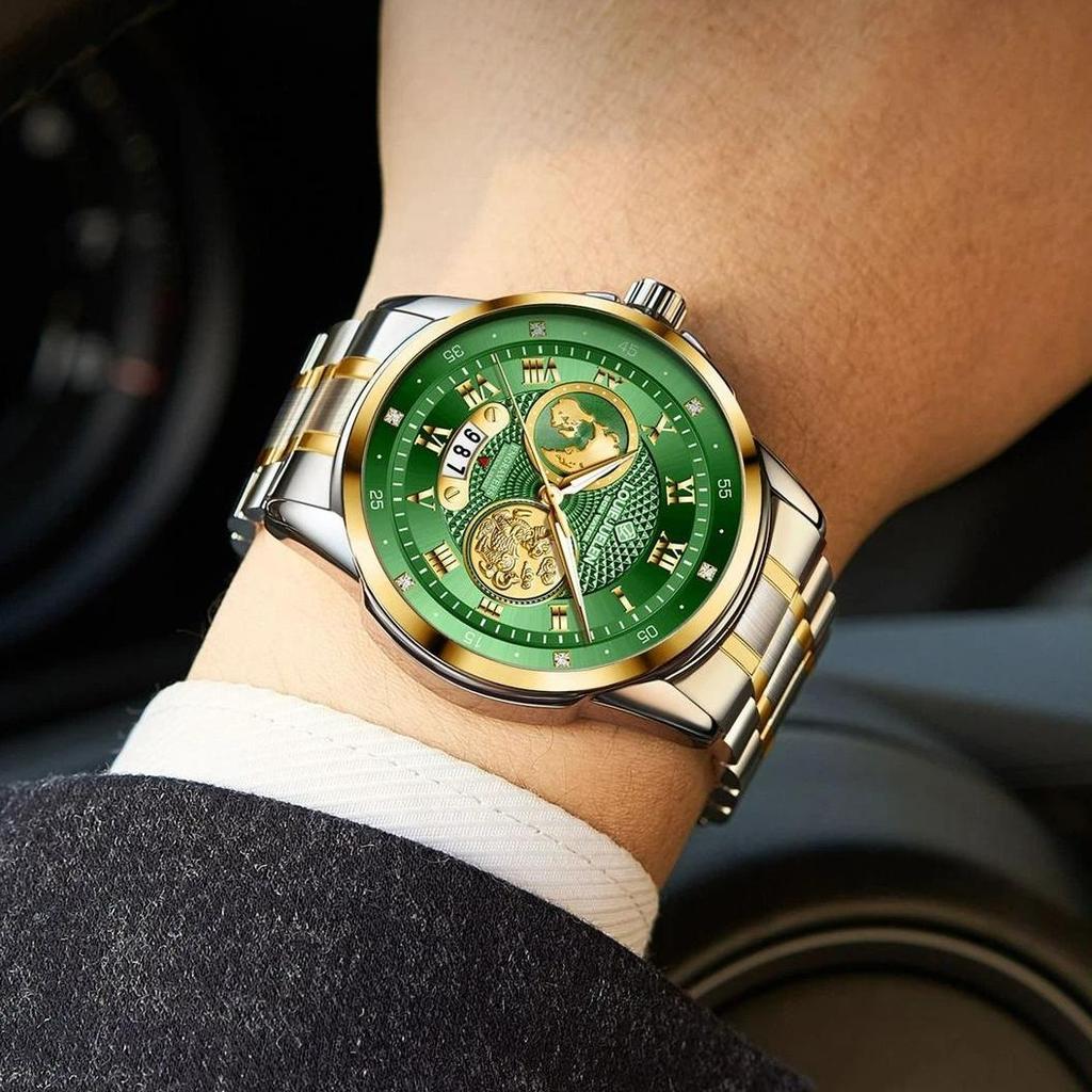 Luxury Gold Engraved Watch for Men Stainless Steel Waterproof Business Quartz Wristwatch with Date, Ideal Gift for Father's Day & Anniversaries