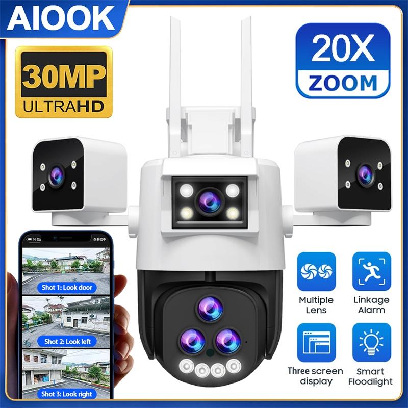 

AIOOK Домашня зовнішня водонепроникна камера безпеки HD 8MP 20X Оптичний зум Потрійне зображення 180° Широкий кут WIFI CCTV Повнокольоровий нічний бачення Двосторонній домофон Camera