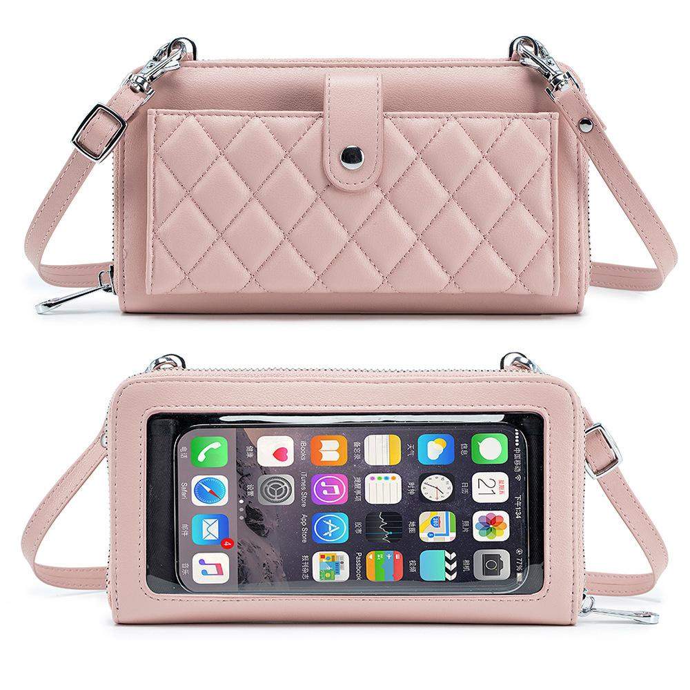 Wallet Women's Touch Screen Mobile Phone Bag Rhombus Sweet Shoulder Messenger Bag Multi-card Women's Zipper Clutch Bag