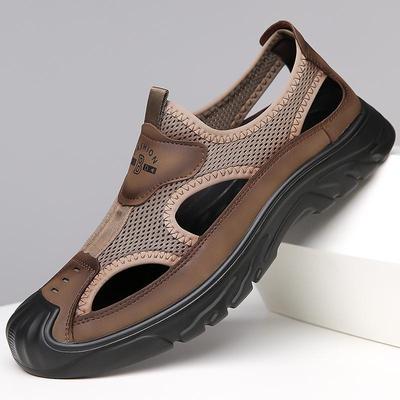 2025 Summer New Hollow Men's Sandals Soft-soled Mesh Roman Casual Beach Hole Breathable Bag Head Leather Shoes