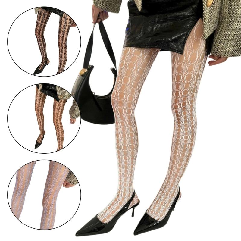 Elegant Fishnet Pantyhose High Elasticity Hollowed Textured Lace Tights for Ladies Aesthetic Patterned Mesh Stockings