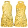 Girls Jazz Dance Costume Halter Shiny Sequins Leotard Sleeveless Short Jumpsuit Stage Performance Clothes