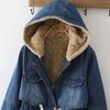 Lamb Fleece Cotton-padded Jacket Women's Thick Hooded Mid-length Waist Denim Cotton-padded Jacket