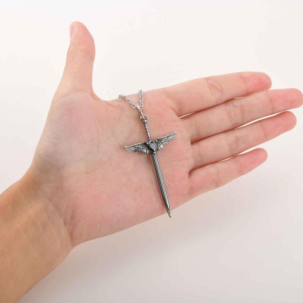 Stainless Steel Halloween Anime Black Zircon Sword & Angel Wings Pendant PN-2245