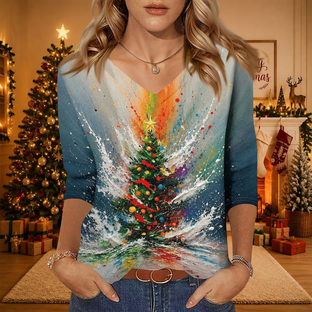 Women's Christmas Print V-Neck Three-Quarter Sleeve Loose Fit Casual Shirt for Everyday Wear