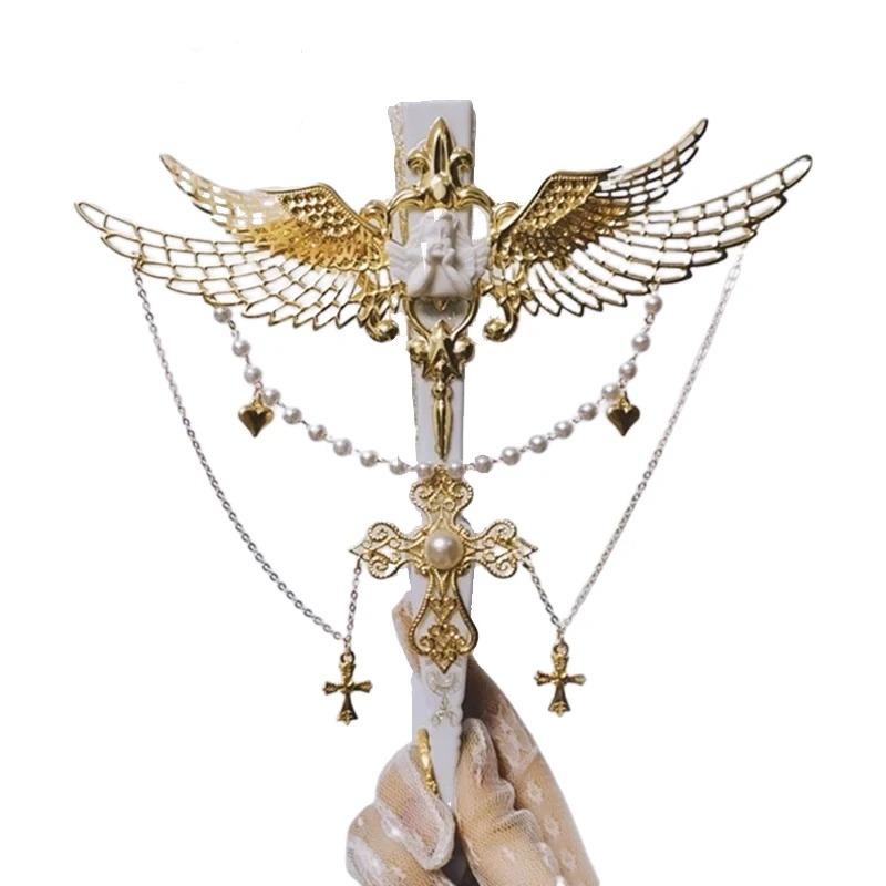 

Handmade Lolita Hand-Held Fans Virgin Mary Gorgeous Gem Heart Cross Pendant Angel Wings Folding Fan Wedding Dance Party Props Option 1 білий