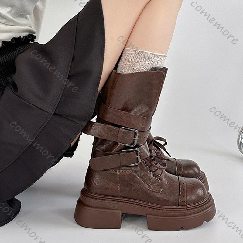 Fashion Comemore Thick Bottom Heightening Short Boots Women's 2025 New Autumn Suede Belt Buckle Punk Style Solid Mid-calf Bota Femininas