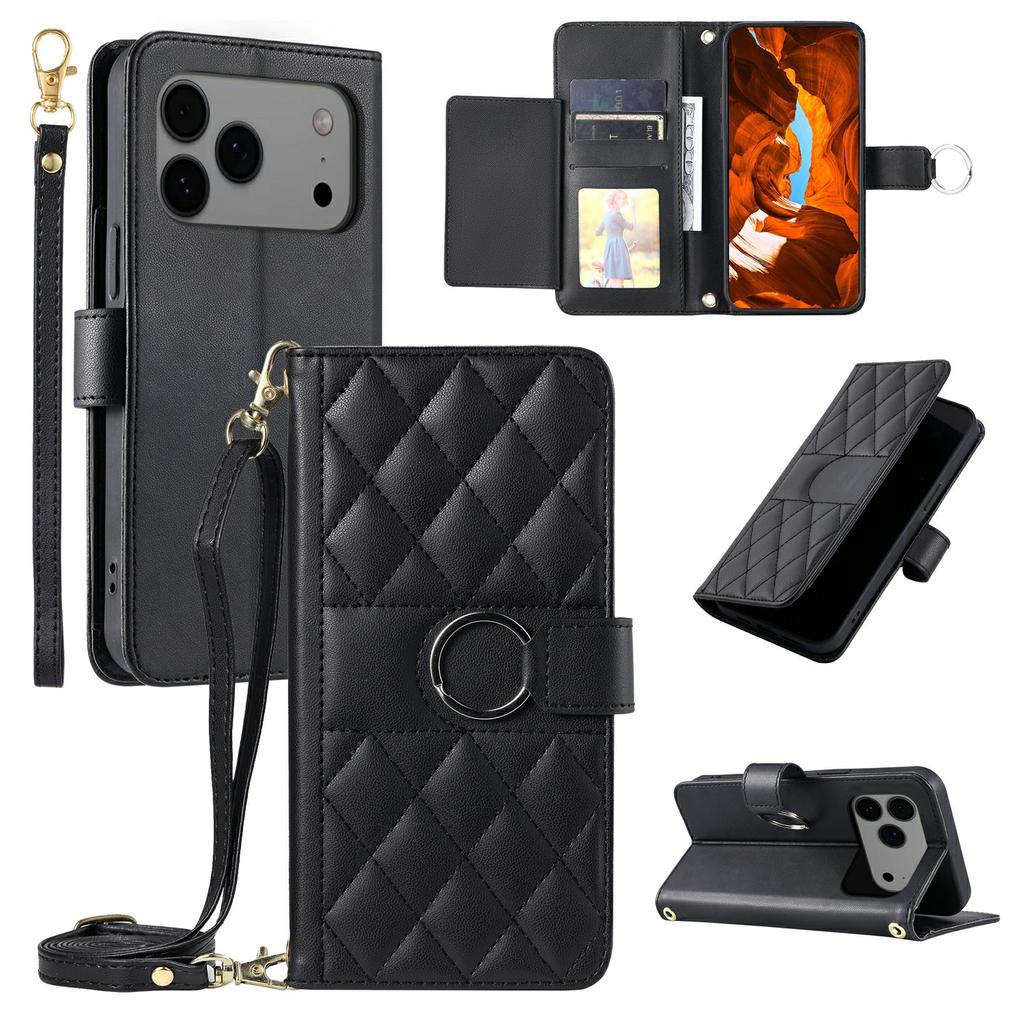 For iPhone 17 Pro Case Ring Buckle Wallet Stand Rhombus Crossbody Leather Mobile Cover