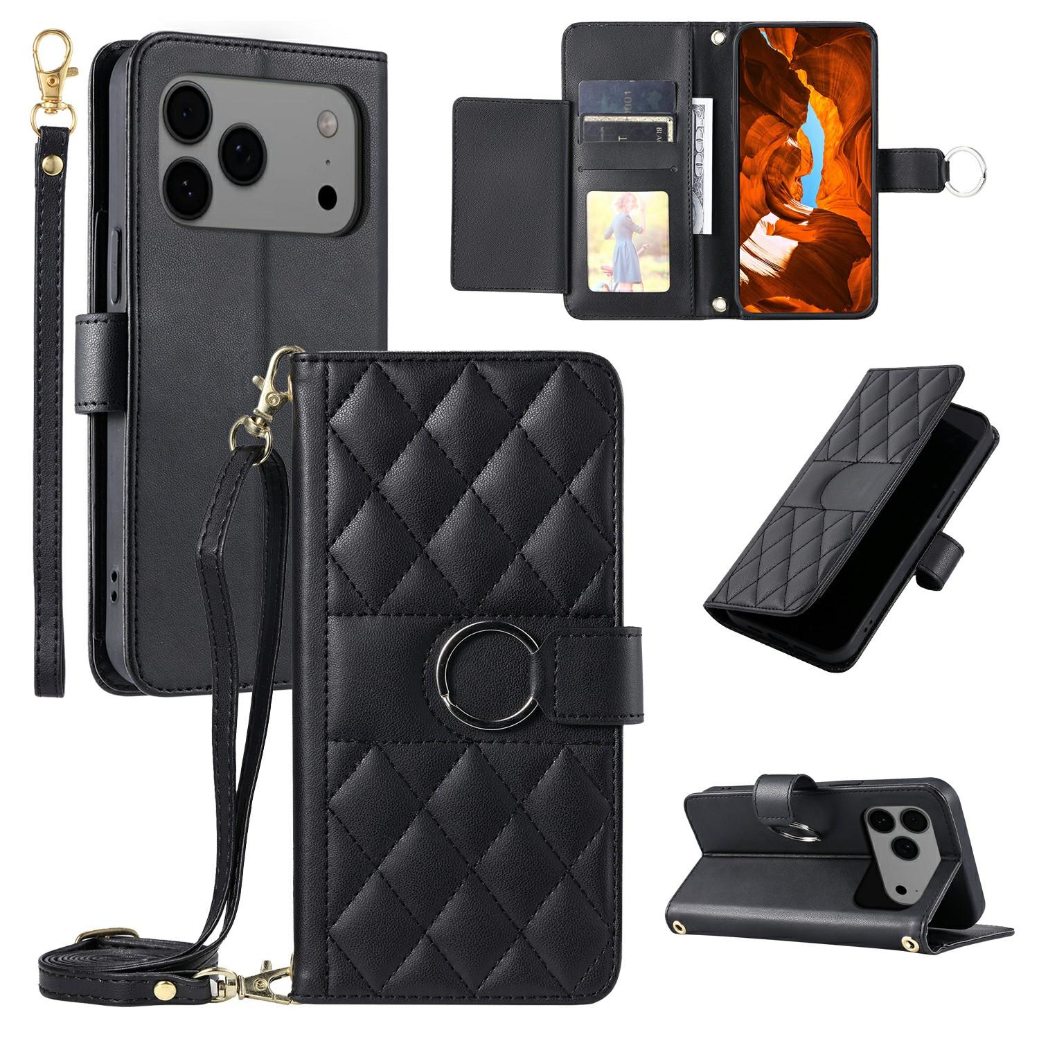 

For iPhone 17 Pro Case Ring Buckle Wallet Stand Rhombus Crossbody Leather Mobile Cover Black
