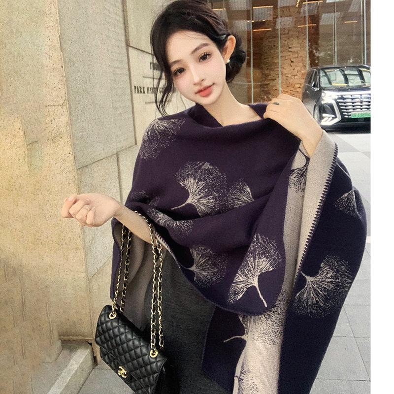 Ginkgo Leaf Shawl Autumn and Winter Warm Scarf Dark Slit Cloak Travel Ethnic Style Thickened Cloak for Women