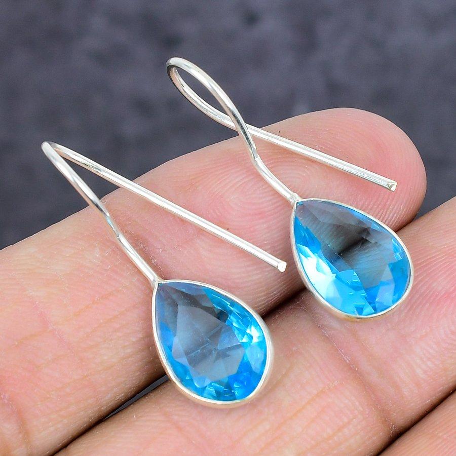 Natural Blue Topaz Gemstone 925 Sterling Silver Jewelry Earring 1.26" ETC-14082