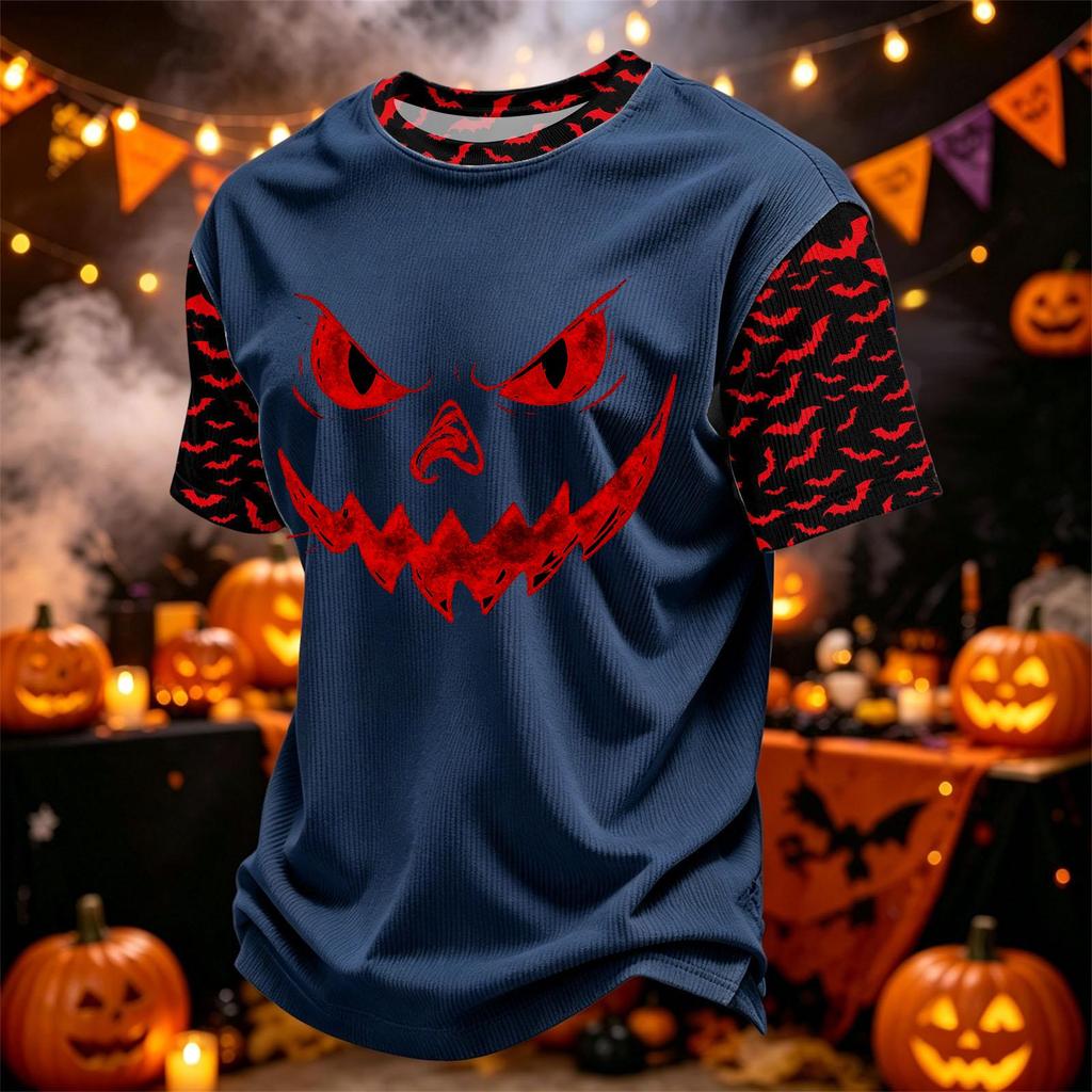 Men's Casual Corduroy Short Sleeve Crew Neck Lightweight Breathable Top Halloween Print Design Comfortable Fit