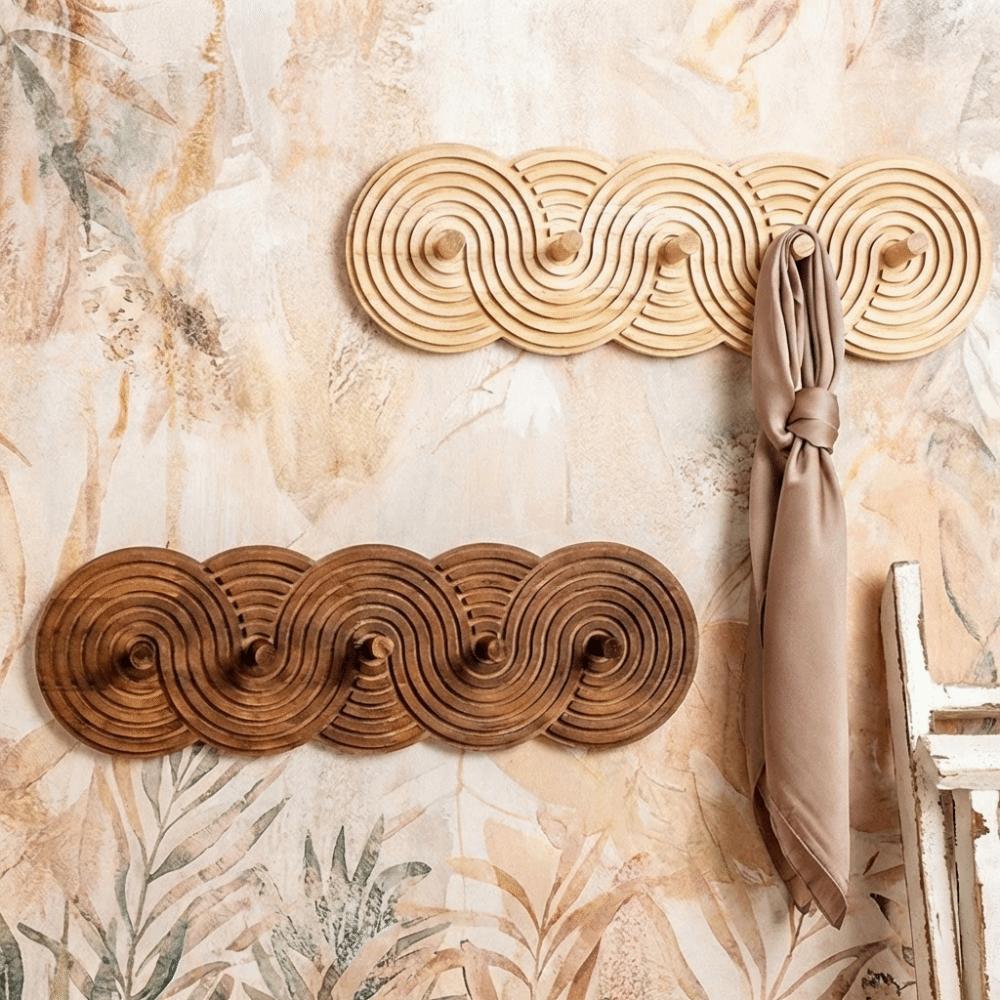 5-Hook Key Storage Rack Modern Bohemian Style Wall-Mounted Organizer Handcrafted Wooden Umbrella Storage Shelf Interior Decor