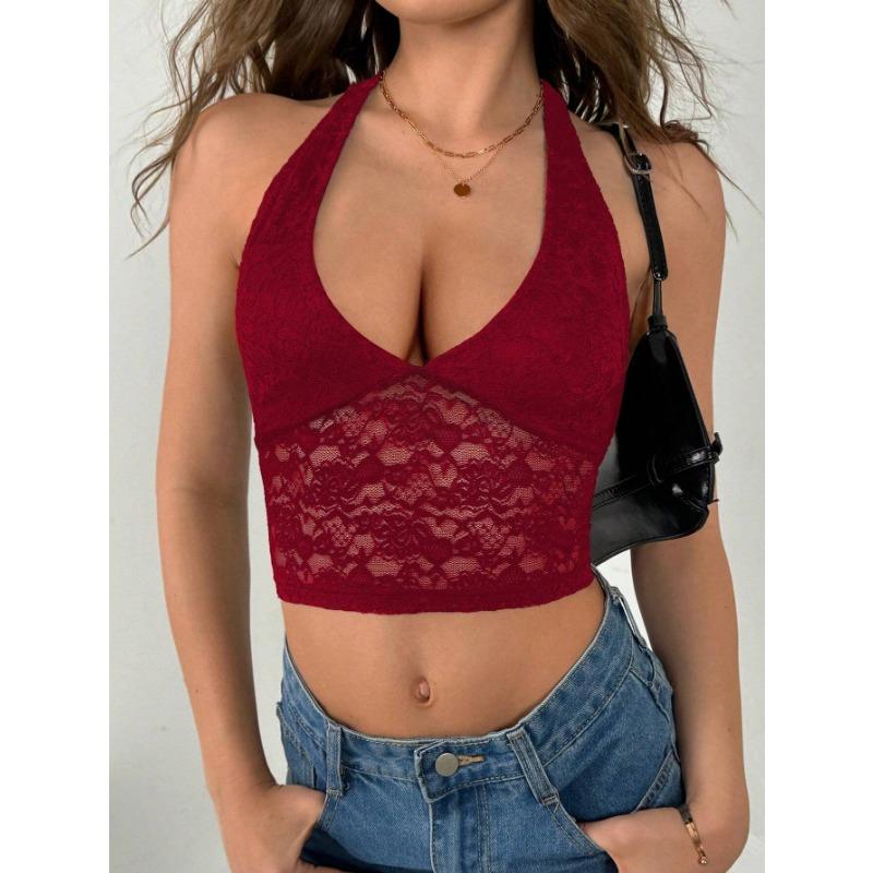 Women Sexy Hollow Out Lace Halter Neck Slim Fit Cropped Top