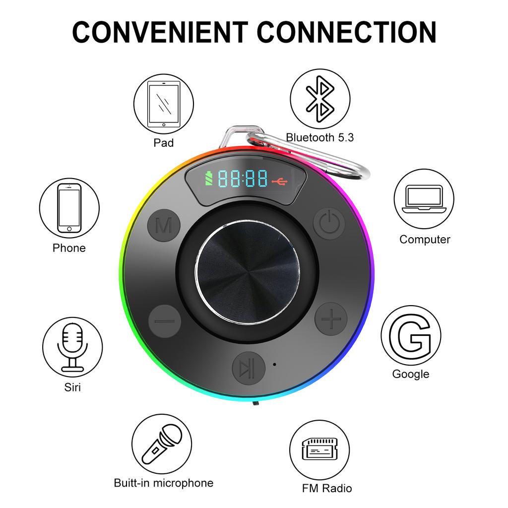 Waterproof Shower Speaker with Suction Cup/RGB Light Bluetooth-Compatible 5.2 Stereo Subwoofer for Bathroom Party Travel Outdoor
