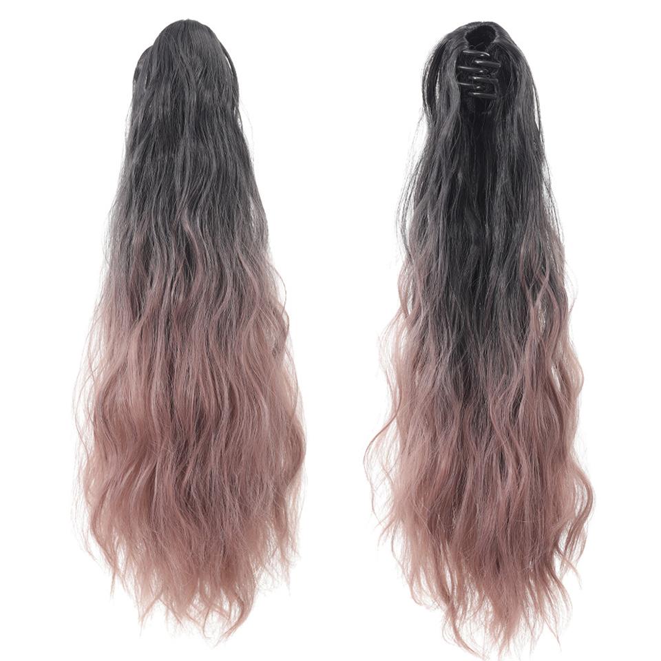 Extension de Cheveux Synthétiques Longs Lisses à Pince Queue de Cheval 22 Pouces Noir Mèches Bleues Grises Postiche Queue de Cheval Perruque Pour Femmes
