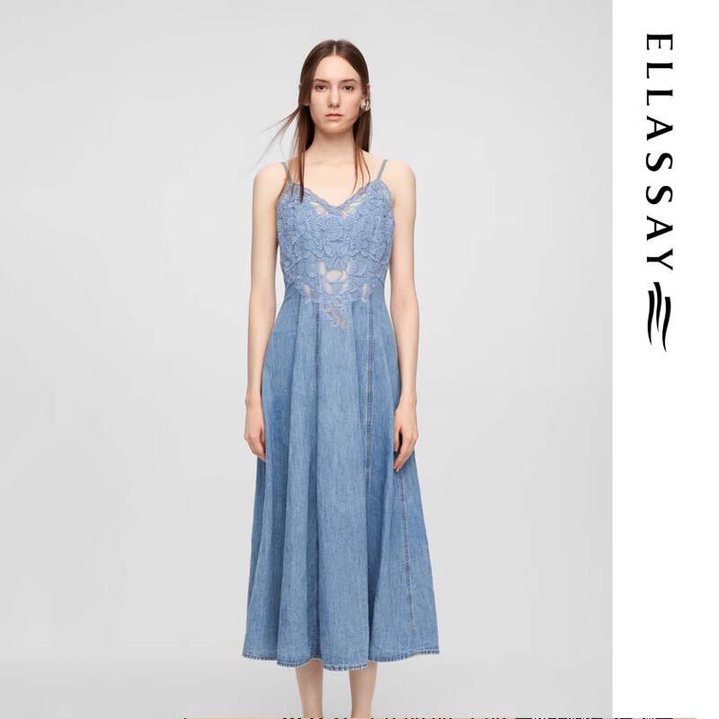 ELLASSAY Women's Elegant Cotton Linen Denim Suspender Midi Dress