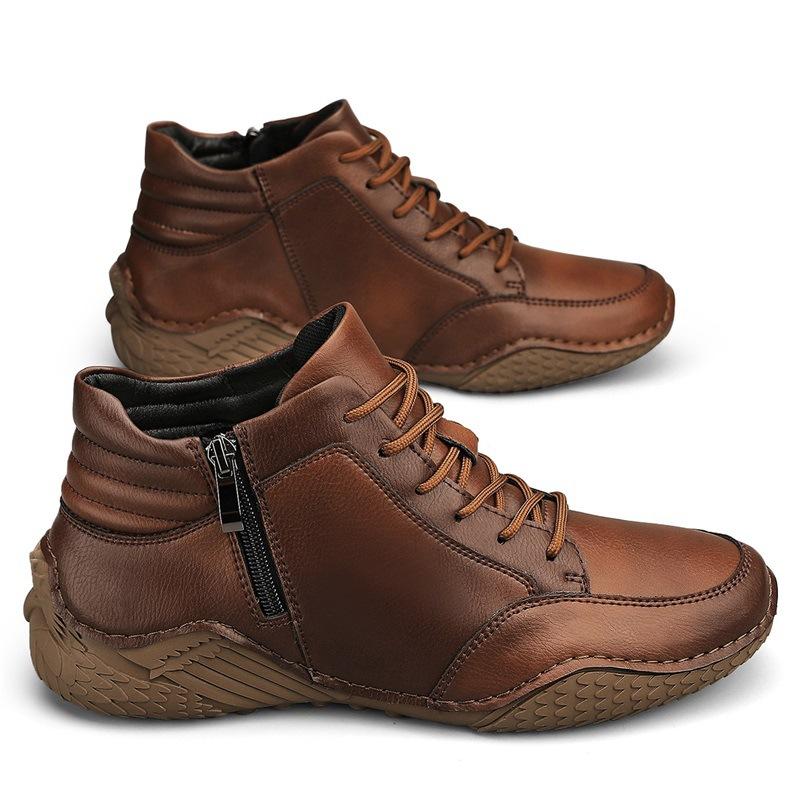 Winter New Trendy Genuine Leather Casual High-Top Leather Shoes Spring and Autumn Cowhide Men's Cotton-Padded Shoes with Velvet