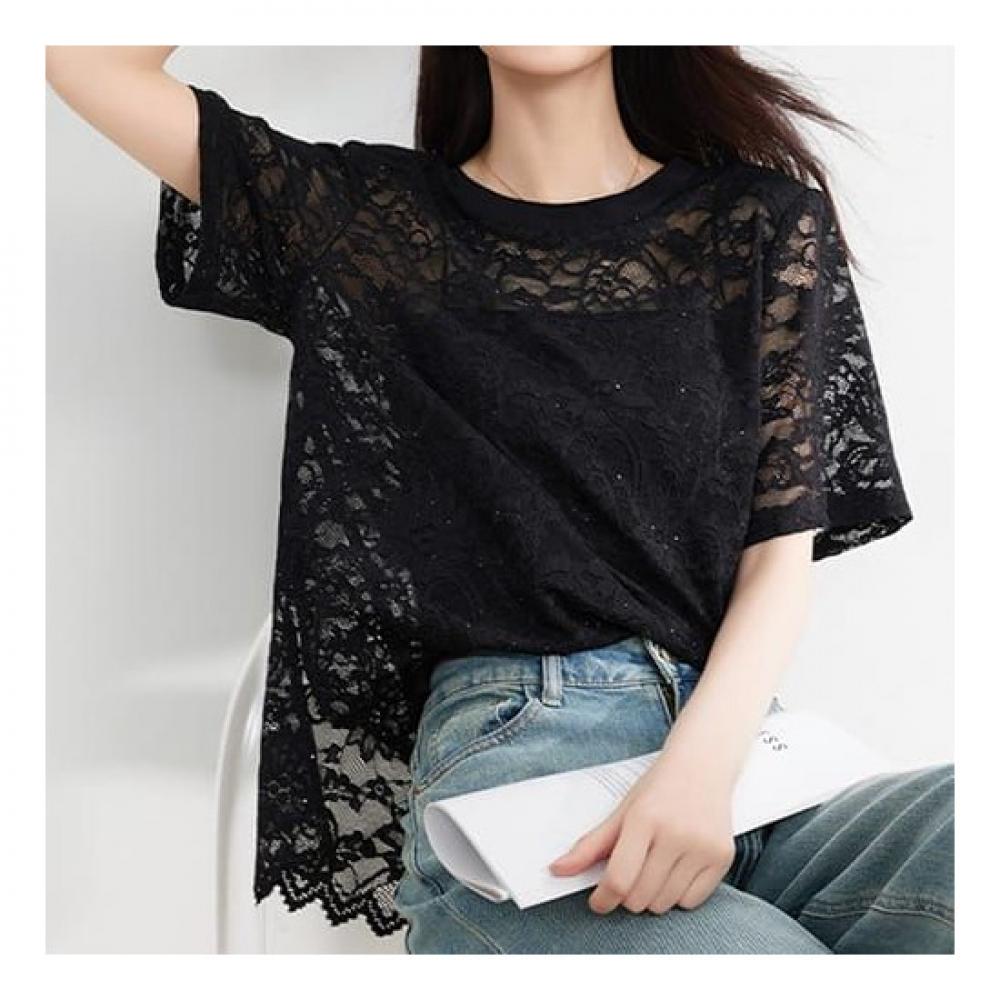 Navava RomanTic Lace Round Neck ShorT Sleeve T shirT nT1692