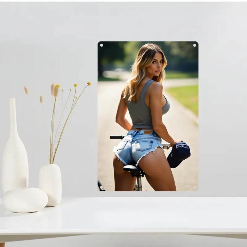 Tin Metal Wall Sign Retro Cycling Woman Poster Home Bar Decor