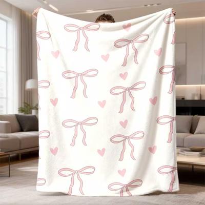 Pink Bow Heart Pattern Throw Blanket Sweet Coquette Aesthetic Soft Blanket for Bed Sofa Couch Decor