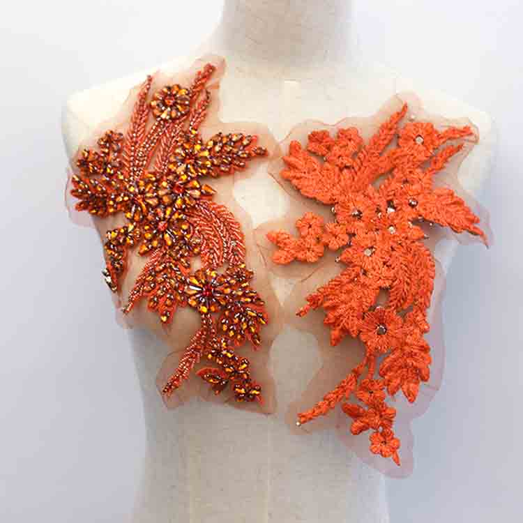 Sparkling Lace Embroidery 3D Rhinestones Nail Art Red Gold Crystal Bead Bridal Bodice for Evening Dress Sew-On Applique for