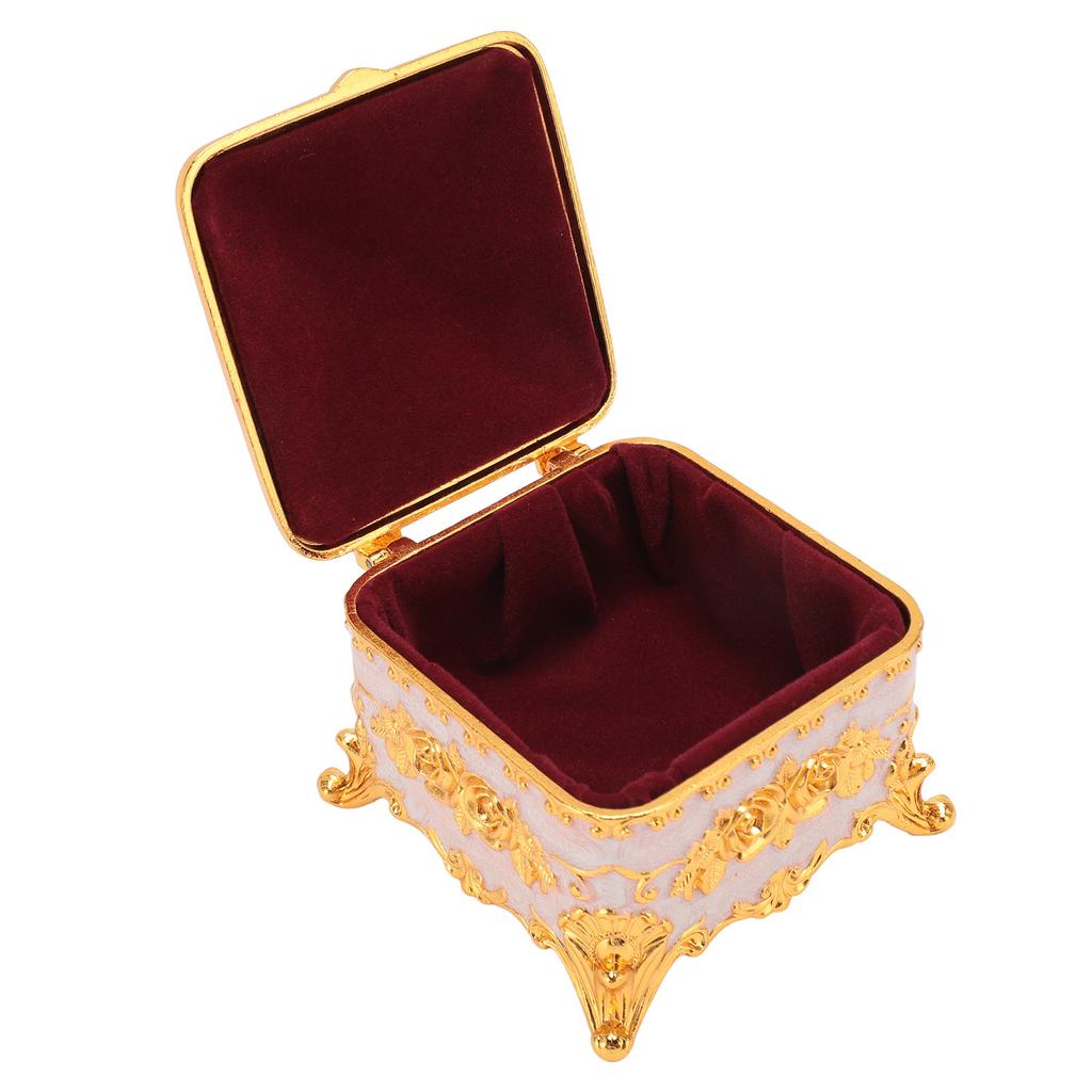 European Style Vintage Metal Jewelry Box Square Decorative Trinket Jewelry Storage Box for Earrings Necklaces White