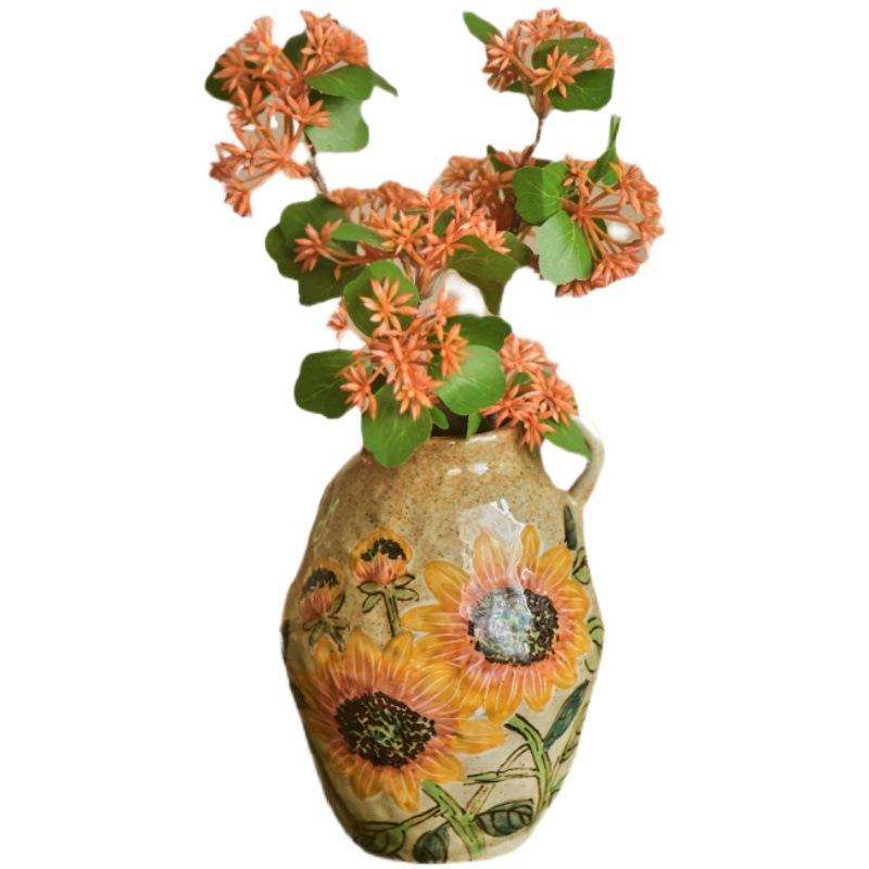 Valley Ceramic Vase: Japanese Retro Hand-Painted Single-Eared Sunflower Pot for Living Room Flower Arrangements