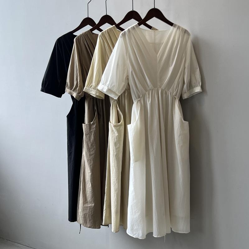 Vintage V-neck Pleated Dress Summer Women's Temperament Tie Waist Mid-length Dress