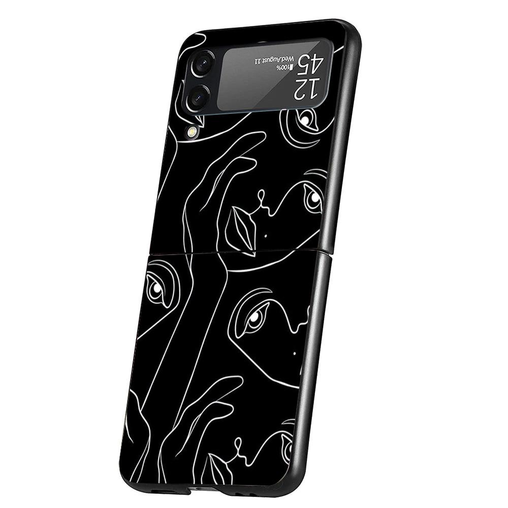 Abstract Line Women Face Case Phone Cover for Samsung Galaxy Z Flip 6 5 4 3 5G ZFlip6 ZFlip5 ZFlip4 ZFlip3 Black Hard Trend Fund
