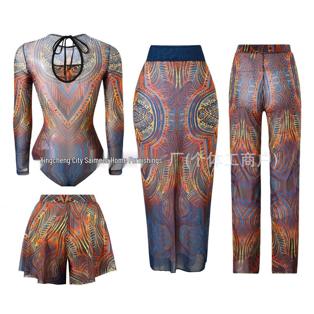 Women's Four-Piece Sun Protection Swimsuit Set with Long-Sleeved Top and Mesh Pants